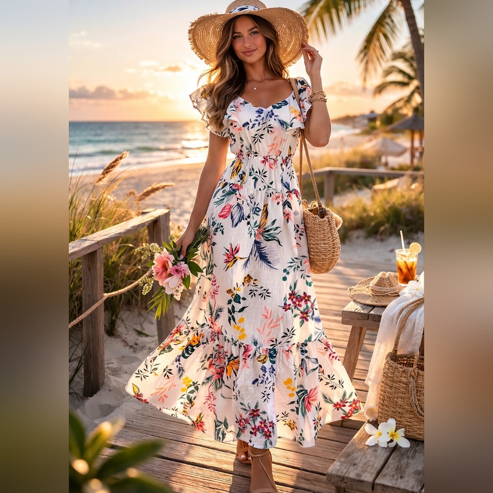 🌷Joe Fresh White Tropical Floral Midi Dress🌷Aritzia